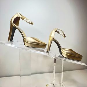 Gucci Metallic Gold Platform Ankle-Strap Pumps